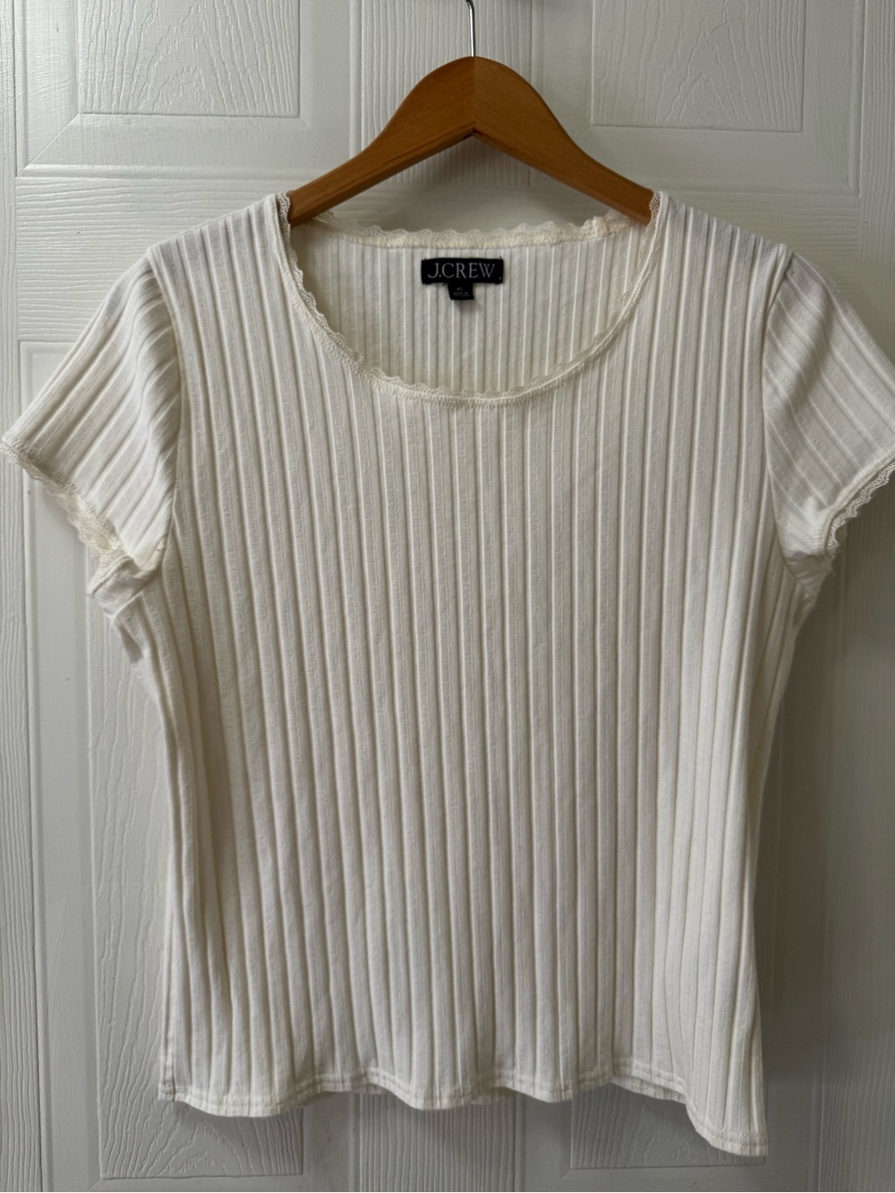 J. Crew Cream Ribbed Short Sleeve Tee with Lace Trim